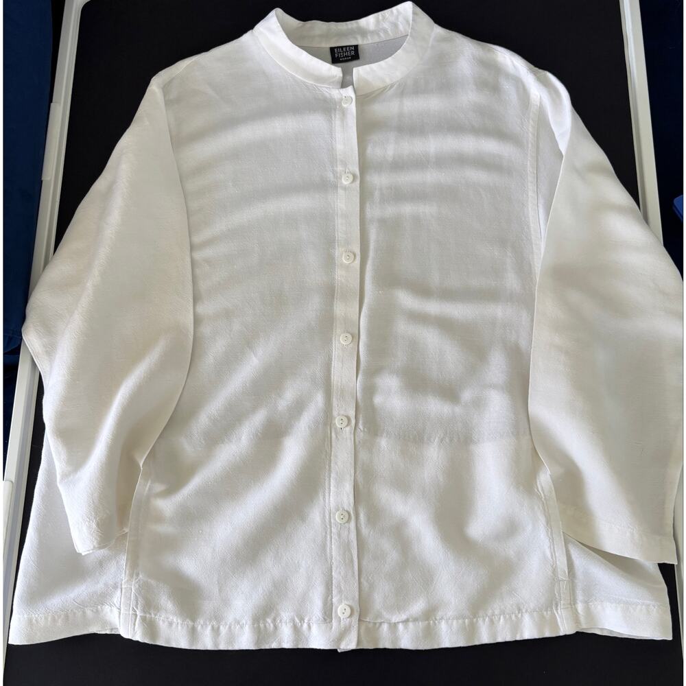Eileen Fisher Women’s Ivory Linen Blend Band Collar Button Front Blouse *Large* - Picture 5 of 10